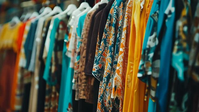 Colorful vintage clothing hang on racks in a lively market showcasing unique fashion styles and designs