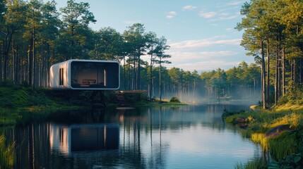 High-tech, carbon-neutral living--a self-sustaining futuristic home nestled among trees and reflecting a deep blue sky.