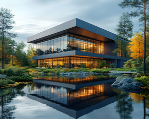 Obraz premium Modern building reflecting in pond at dusk surrounded by trees with warm interior lighting