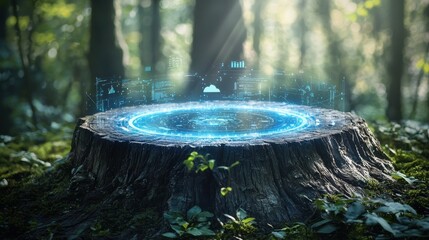 Holographic analytics screen displaying climate data in a green forest, resting on a weathered wooden stump.