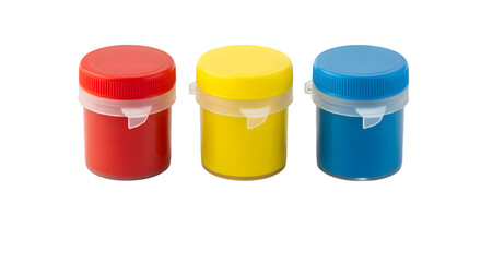 Three Colorful Pot Containers with Bright Red, Yellow, and Blue Paints Isolated on a White Background for Art and Craft Projects