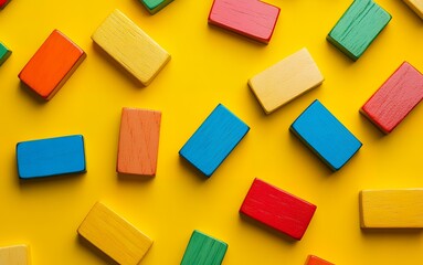 Colorful Wooden Blocks Scattered on Yellow Background Childrens Toys Education Play