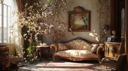 Beautiful interior of living room with sofa and blooming branches