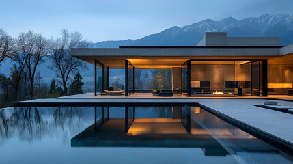 Fototapeta premium Modern home with pool reflects mountain view