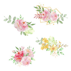 Watercolor Pink aesthetic roses bouquet, elegant flowers and leaves