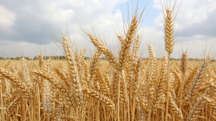 Fototapeta premium A golden field of wheat sways gently under a cloudy sky, showcasing the beauty of agriculture and nature's bounty.