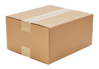 A brown cardboard box with visible folds and taped seams isolated on transparent background