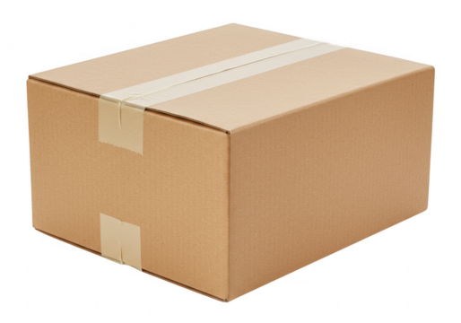 A brown cardboard box with visible folds and taped seams isolated on transparent background