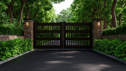 modern wooden double gate surrounded by lush greenery and stone pillars, creating inviting entrance to serene pathway. scene evokes sense of tranquility and elegance