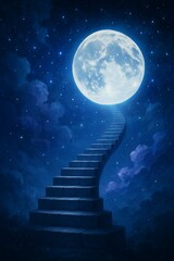 幻想的な月と階段、浮遊感ある構図