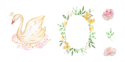 Frames set with white swan and pink blush roses flowers bouquet