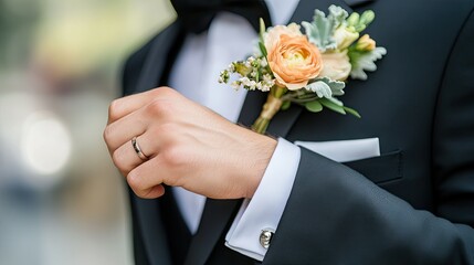 A groom's hand adjusting his cufflinks, with a beautifully arranged boutonniere on his lapel.
