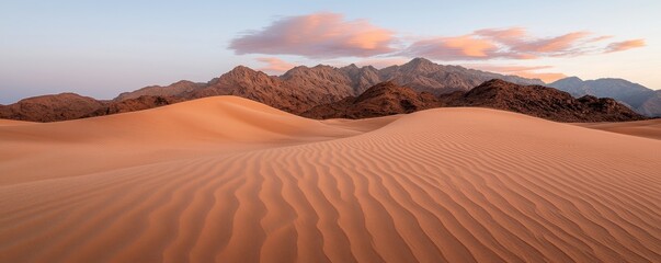 Naklejka premium A serene desert landscape featuring rolling sand dunes and distant mountains under a colorful sky at sunset.