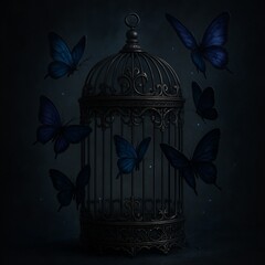 ダークな鳥籠と蝶の組み合わせ