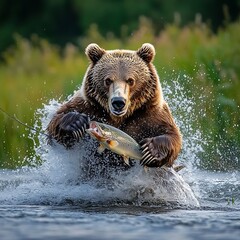 Obraz premium Powerful Brown Bear Catching Fish in Wilderness River Scene