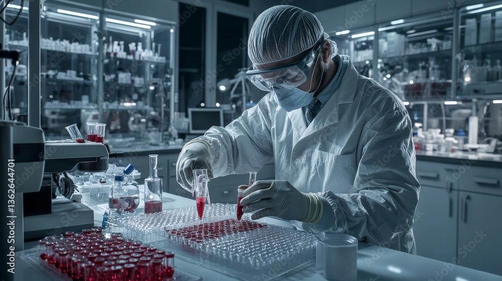 Poster laboratory research technician conducting experiments science lab digital content modern environment