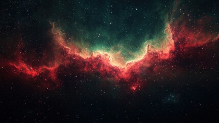 Fototapeta premium Vivid Cosmic Nebula with Red and Green Colors Illuminating the Night Sky in a Stunning Astronomical Scene