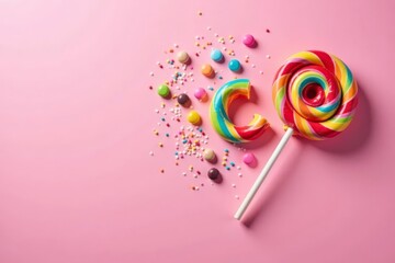 Colorful lollipop broken into pieces on pink background with scattered candies and confetti , lollipop, candy