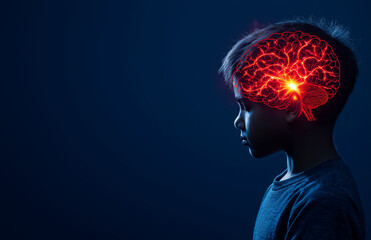 young boy with glowing brain illustration, symbolizing creativity and imagination. image captures thoughtful expression against dark background