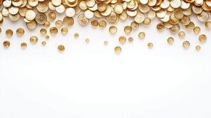 Mother day treasure devotion. A scattered arrangement of shiny gold coins against a white background, creating a rich and luxurious visual effect.
