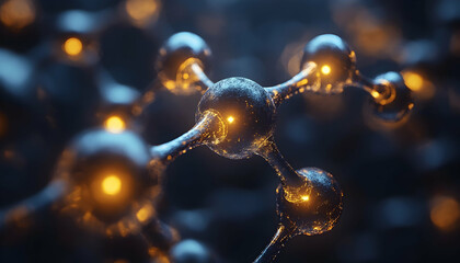 Molecule cluster with glowing nodes in dark blue and orange