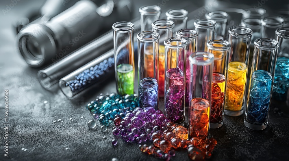 Poster laboratory photography close-up views of colorful liquids and chemistry concepts in a scientific set