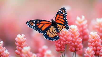 Monarch rests on pink flowers, a spring butterfly