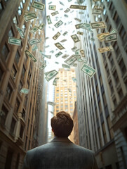 Money falls from the sky onto a man looking up in a tall city street