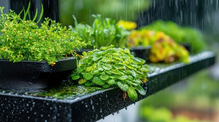 Fresh Green Plants on a Rainy Day with Water Droplets