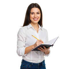 Happy female student is ready to take notes with pencil and notebook isolated on White background PNG transparent background