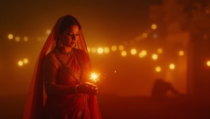 Elegant woman in traditional attire holding a sparkler amidst golden hues of Diwali night, Goddess Worship, Cultural Celebration