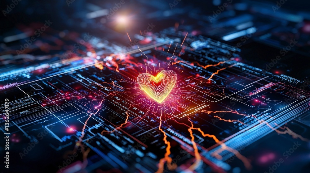 Poster Digital heartbeat exploring love through technology in a virtual space abstract art futuristic environment