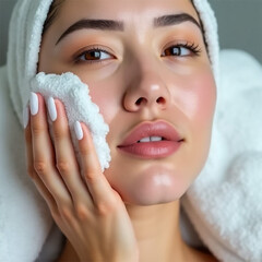 A woman gently cleansing her face, revealing radiant skin and a sense of calm, with soft lighting and a white towel backdrop.