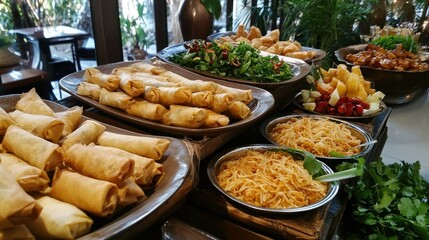 A beautiful display of Thai dishes on a table, including curry puffs, spring rolls, and spicy noodles.