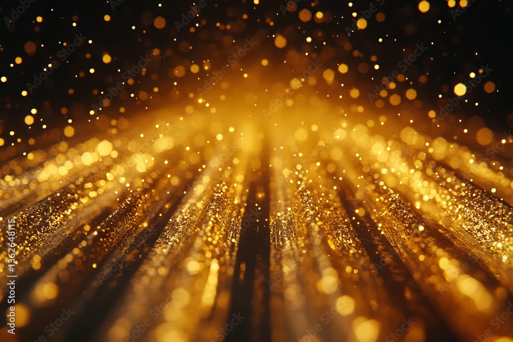 Poster Sparkling golden particles create a shimmering atmosphere in a dark setting with captivating depth and texture