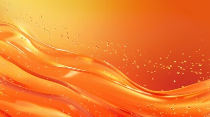 Dynamic orange fluid waves with water droplets on bright abstract background with space for text