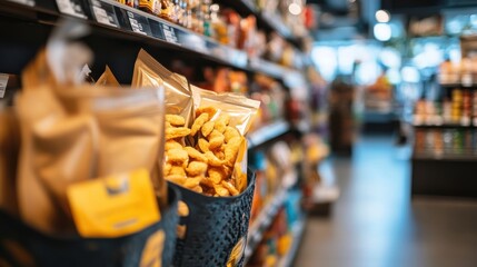 Fresh Snack Options Displayed in a Modern Grocery Store Aisle with Organized Shelves