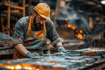Skilled worker shapes molten metal in busy foundry during afternoon shift, showcasing craftsmanship and dedication to the trade