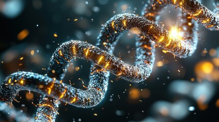 A close up of a DNA strand with a lot of sparks and fire