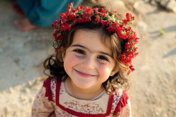 Dawn light. Happy holiday season symbol. Happy middle eastern toddler girl wearing red flower crown on her head. Smiling young traveler in nature. Joyful child in a flower meadow.