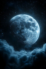 Moon in clouds at night, stars