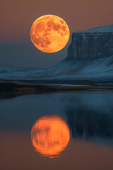 Moon reflecting on water with mountain in background, twilight sky