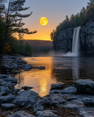 Moon rises over waterfall reflecting in river surrounded by rocks & trees
