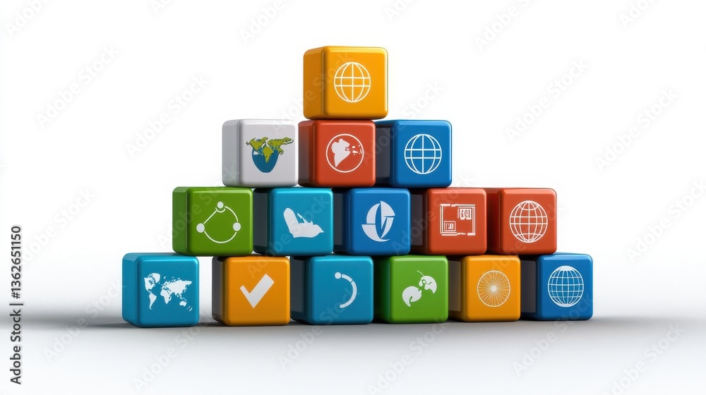 Aufkleber a stack of colorful blocks with various icons on them, including a globe
