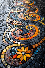 Mosaic walkway with floral, swirling designs on the dark tiled surface