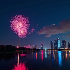 Sparkling fireworks exploding in the dark sky with a serene cityscape and modern spa buildings in the background , evening, urban landscape