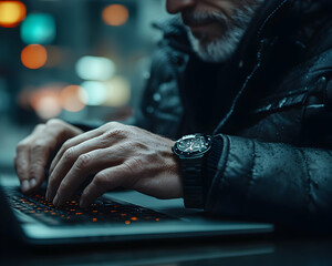 Man typing on laptop, wearing jacket and watch, at night