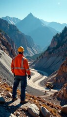 Stone mountain backdrop with industrial engineer monitoring operations at mine site, industrial scenery , mining