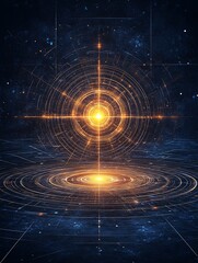 Futuristic cosmic energy pattern with glowing rings and space grid background, Futuristic graphic of cosmic energy patterns, quantum force visual, sci-fi tech portal, digital galaxy light.