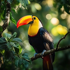 Fototapeta premium Vibrant Toucan Perched Among Lush Green Leaves in Nature